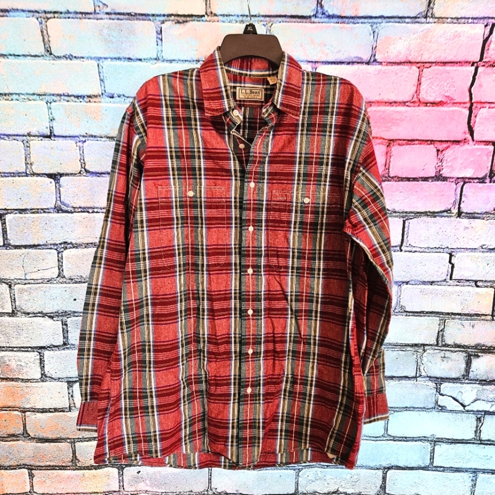 L.L. Bean Men's Big & Tall Plaid 100% Cotton Button Down Long Sleeve Shirt Large